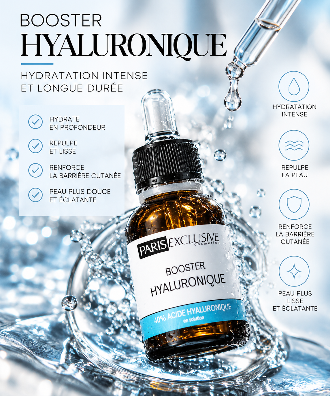BOOSTER ACIDE HYALURONIQUE 40% en solution - hydratation et anti-âge 30 ML