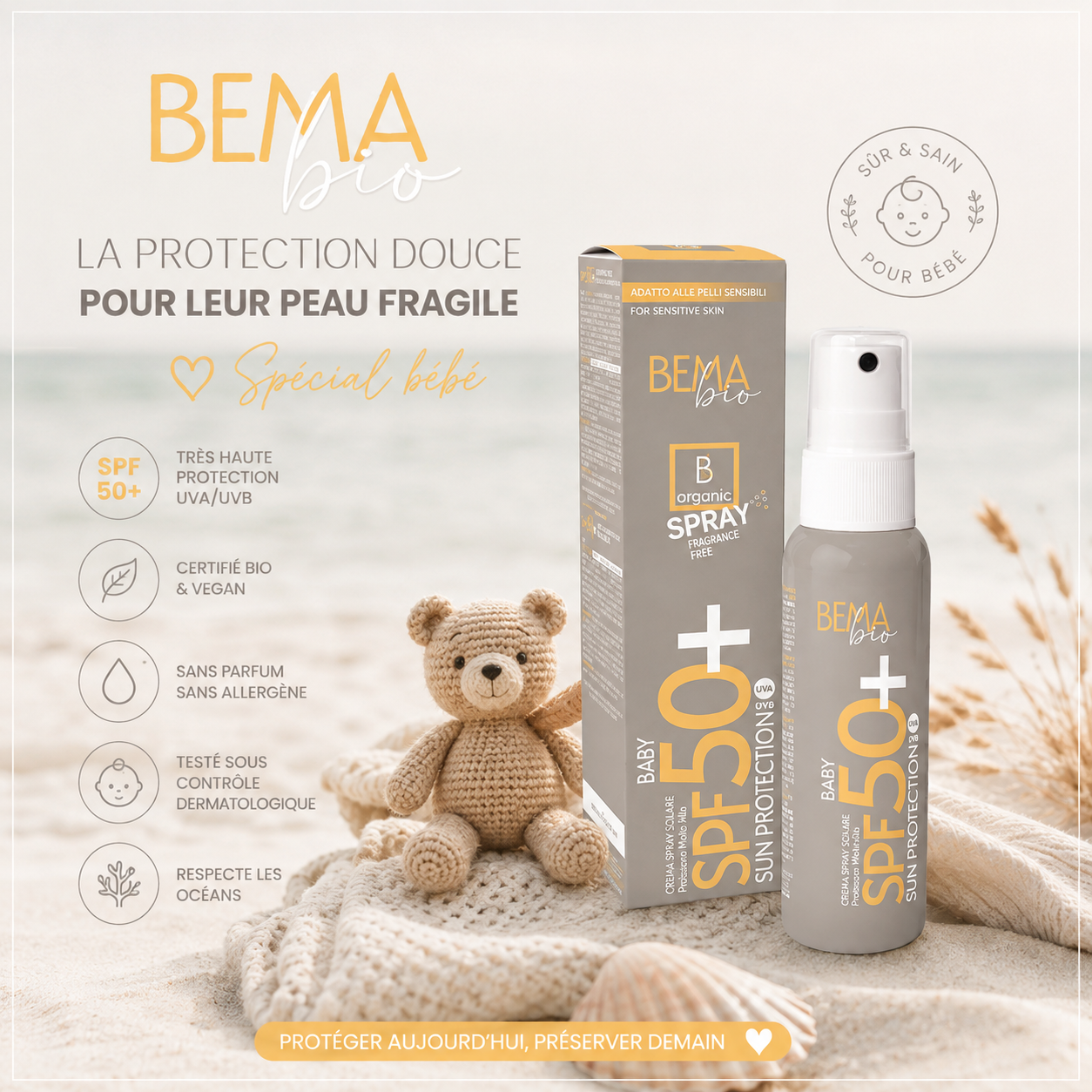 Spray Solaire bébé haute protection SPF 50 + BEMA certifié Bio